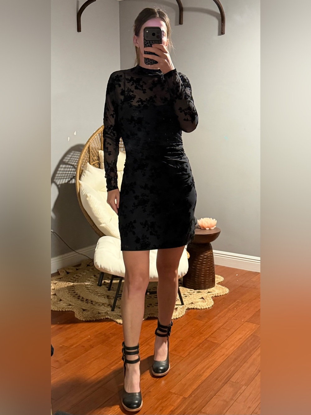 Abercrombie & Fitch Black Floral Mesh Long-Sleeve Bodycon Dress